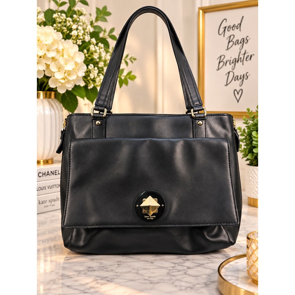 Kate Spade Varick Street Austin Leather Tote Bag Black Gold Turnlock PXRU4001